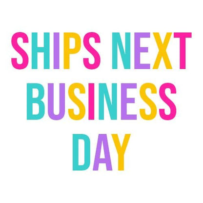 the words ships next business day on a white background