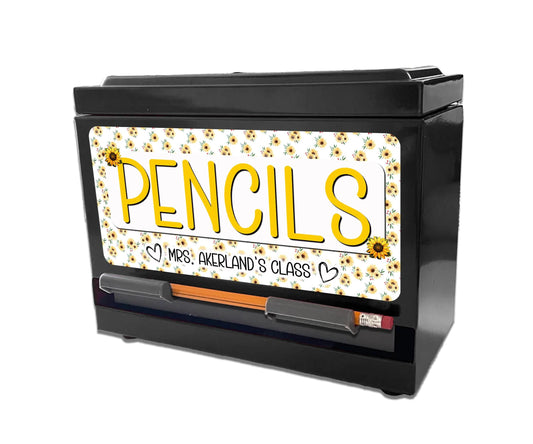 Custom Pencil Dispenser Vinyl Decal Personalized with a name, Waterproof Decal, Sunflower Theme, Teacher Appreciation Approx. 3.5x7.5 inches