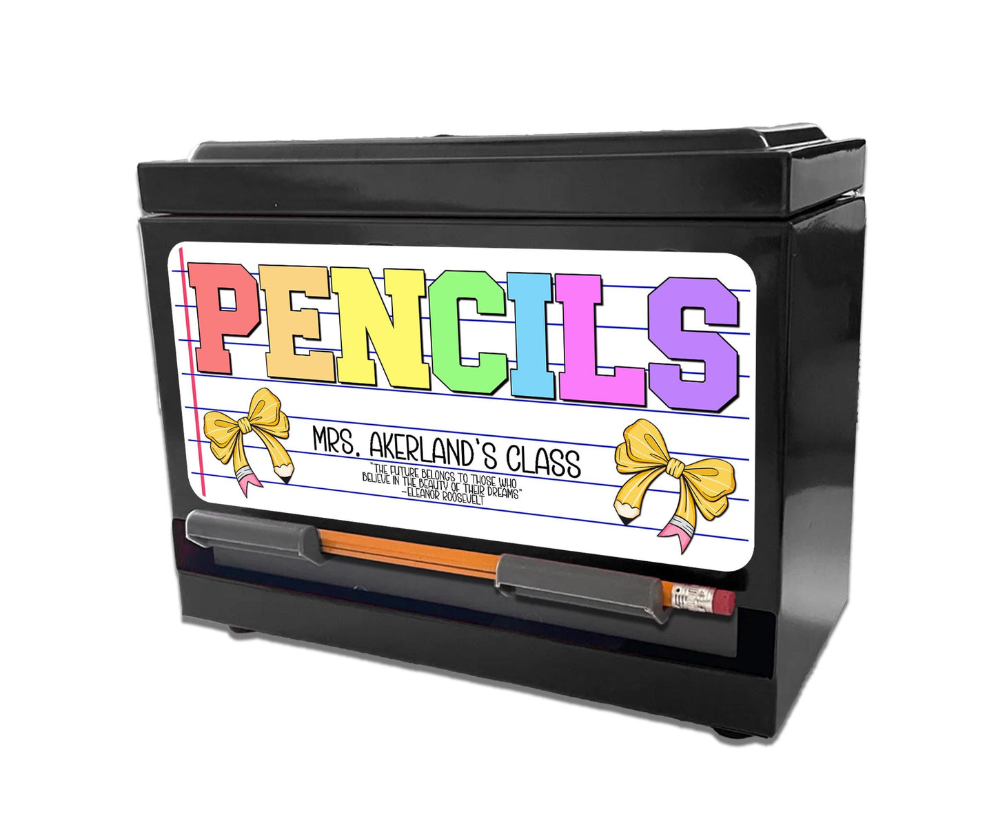 Custom Pencil Dispenser Vinyl Decal Personalized with a name, Waterproof Decal, Rainbow Theme, Teacher Appreciation Approx. 3.5x7.5 inches