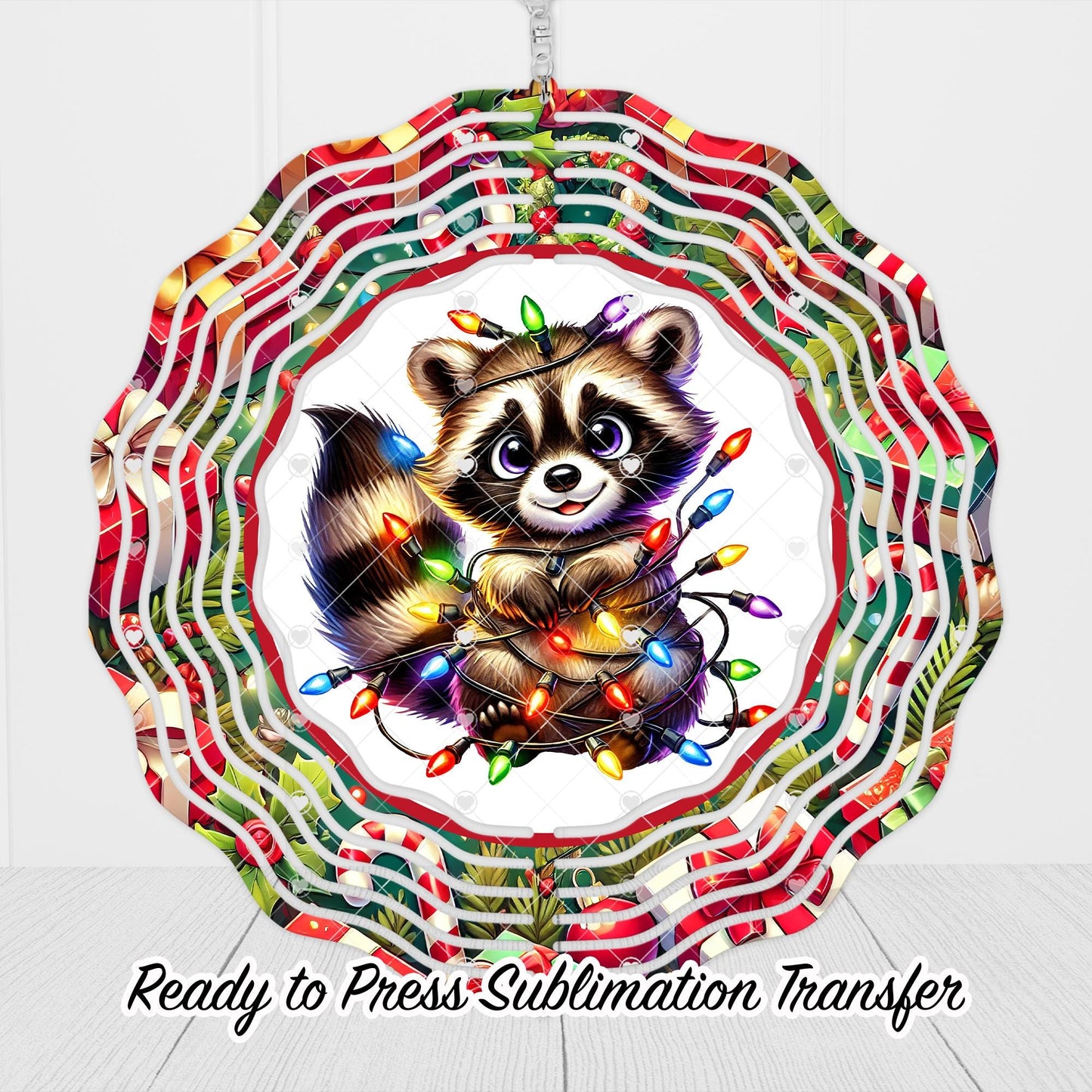 Christmas Raccoon Wind Spinner Sublimation Ready To press Heat Transfer SHIPS NEXT DAY