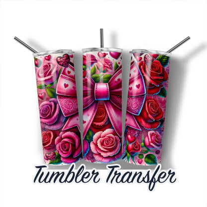 Valentine Roses and Pink Bow-  Sublimation Transfer Print 20 oz Tumblers - 30 oz Tumblers - Ready To press - Heat Transfers SHIPS NEXT DAY