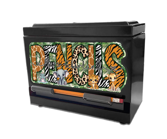 Safari Theme Custom Pencil Dispenser Vinyl Decal Personalized with a name 7.3 x 3.2 inches, Classroom Decor, Safari Theme Classroom Sticker