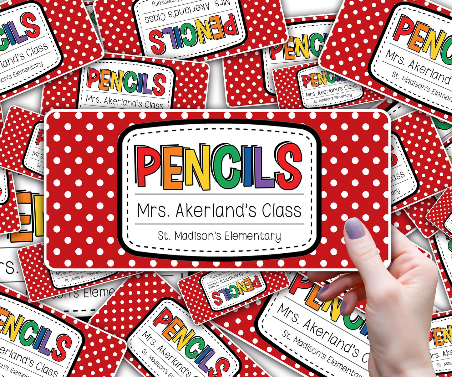 Custom Pencil Dispenser Waterproof Vinyl Decal OR Magnetic Decal Personalized with a name, Red Polka Dot Theme, Teacher Appreciation Gift