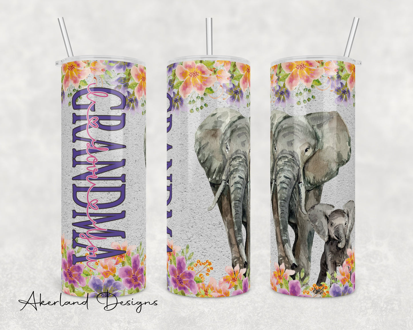 Grandma / Momma and Baby Elephant in wildflowers - 20oz Sublimation Design PNG Digital Download