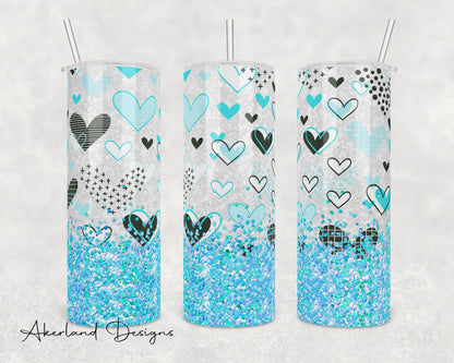 Valentines Blue Heart Sparkle 20oz Sublimation Tumbler Design - PNG Digital Download