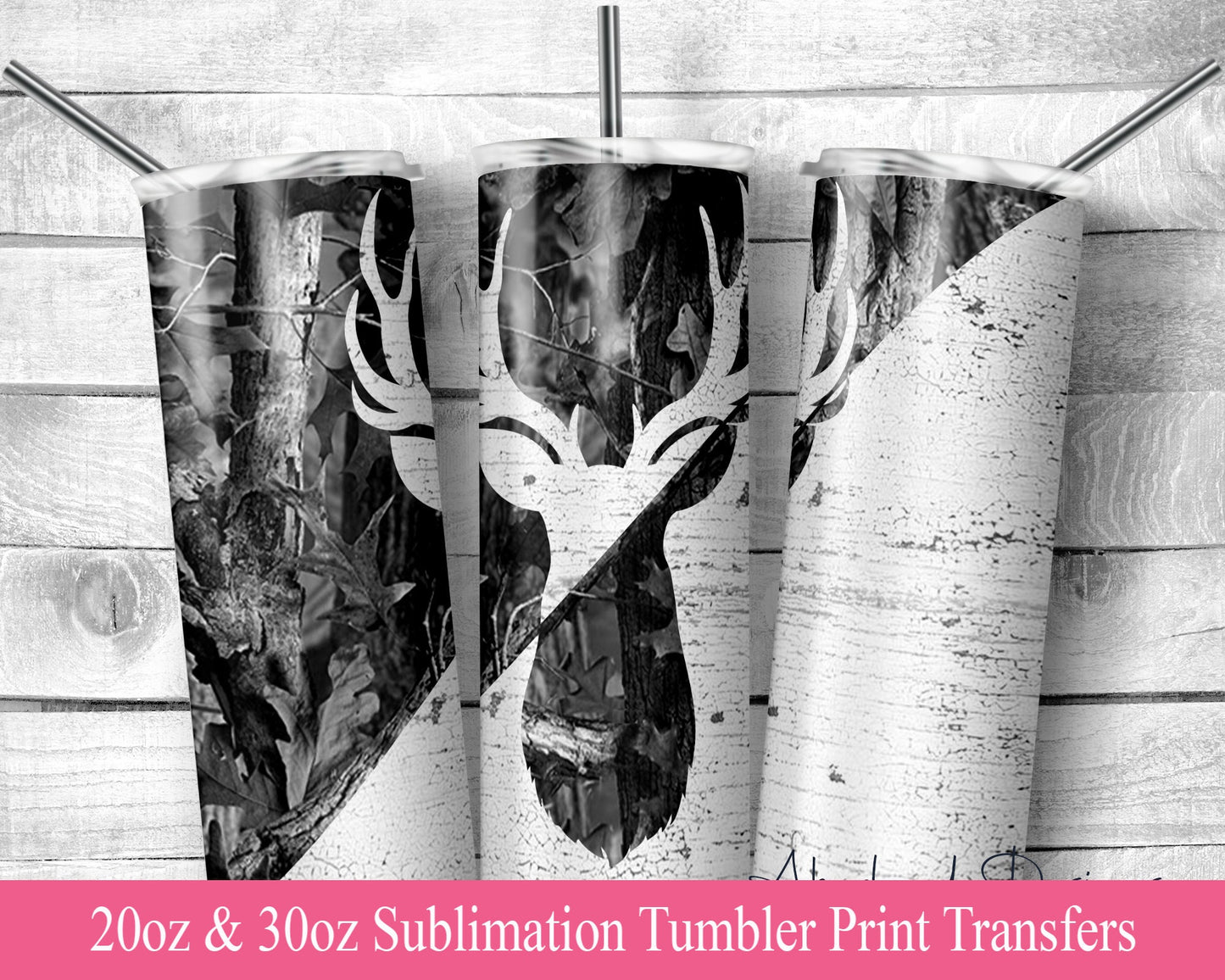 Black and White Deer head Camo  Sublimation Transfer Print For 20 oz - 30 oz Skinny Tumbler - Ready To Press