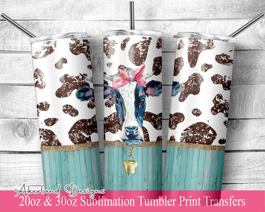 Teal Farm Cow  Sublimation Transfer Print 20 oz Skinny Tumbler - 30oz Skinny Tumbler - Ready To press - Heat Transfers