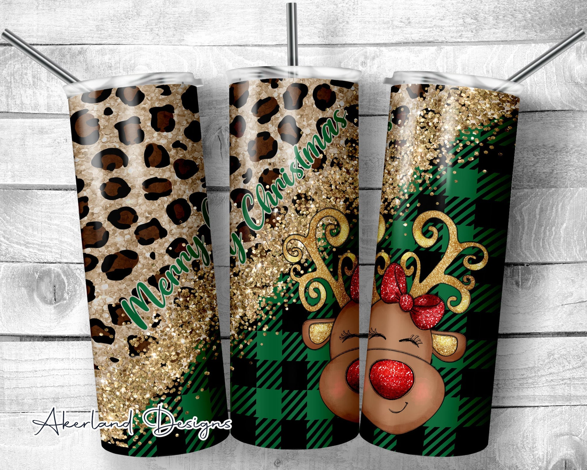 Merry Christmas Reindeer Leopard Buffalo Plaid Design - 20oz Sublimation Tumbler Design PNG Digital Download