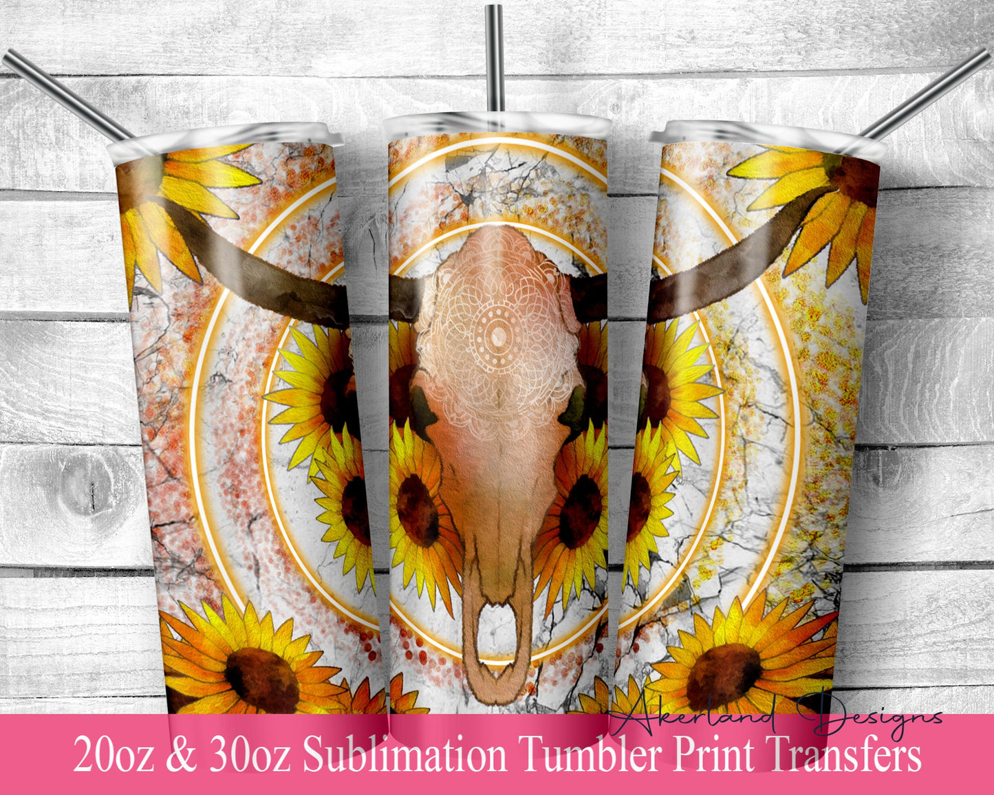 Western Bull Skull Sunflowers  Sublimation Transfer Print 20 oz - 30 oz Skinny Tumbler - Ready to Press - Heat Transfers