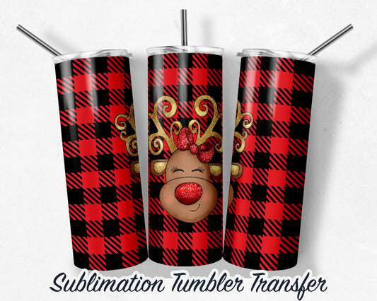 Reindeer Red Plaid  Sublimation Transfer Print For 20 oz - 30 oz Tumbler - Ready To press - Heat Transfers