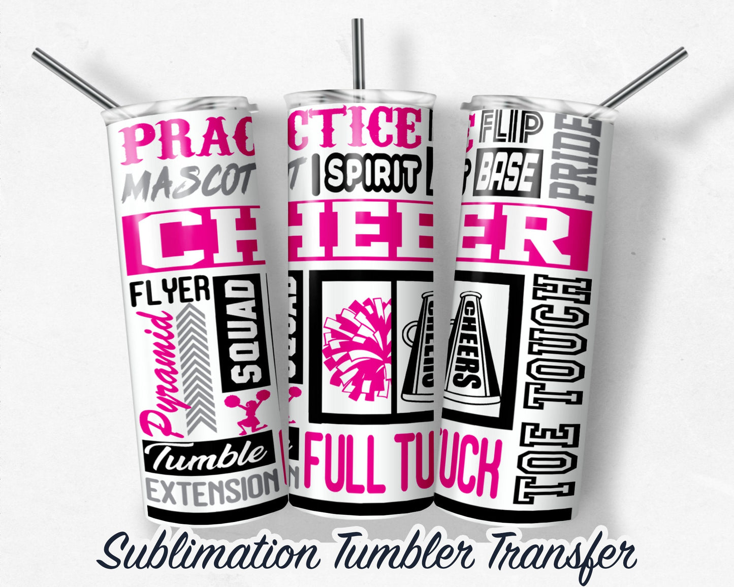 Pink Cheer  Sublimation Transfer Print For 20 oz Tumbler - 30 oz Skinny Tumbler - RTP - Heat Transfers