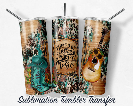 Fueled by Coffee and Country Music  Sublimation Transfer Print For 20 oz-30 oz Tumbler - Ready To press - Heat Transfers