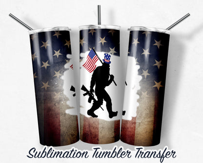 American Flag Bigfoot  Sublimation Transfer Print For 20 oz Tumbler - 30 oz Skinny Tumbler - RTP - Heat Transfers