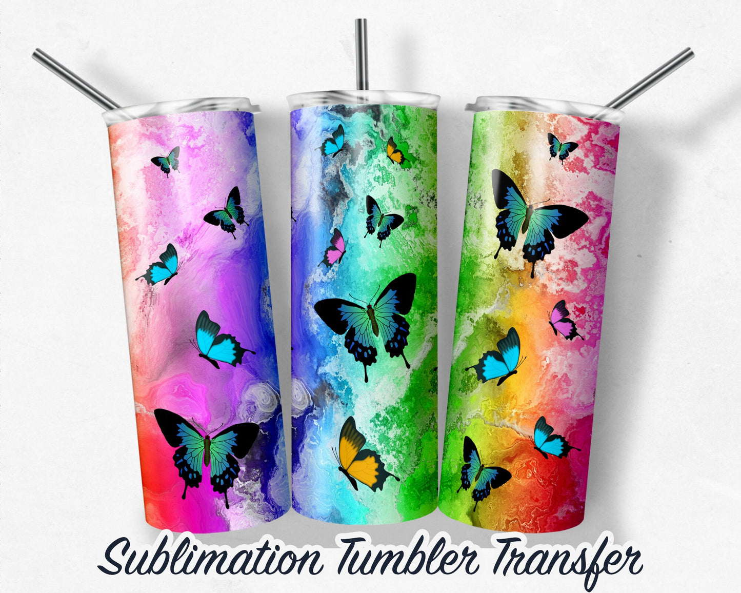 Rainbow Butterflies  Sublimation Transfer Print For 20oz Tumbler - 30 oz Tumbler - Ready To Press