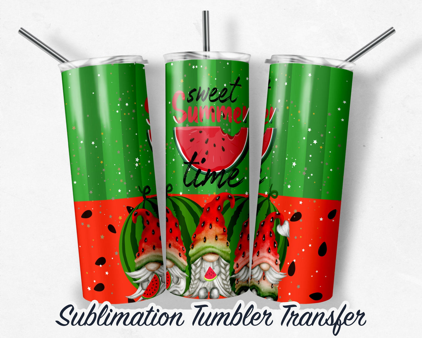 Watermelon Gnomes  Sublimation Transfer Print For 20 oz - 30 oz Skinny Tumbler - Ready To press - Heat Transfers