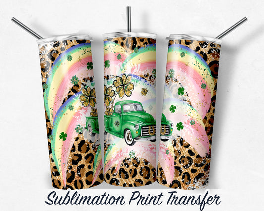 St. Patrick's Day Leopard Green Truck Sublimation Transfer Print For 20 oz - 30 oz Skinny Tumbler - Ready To press - Heat Transfers