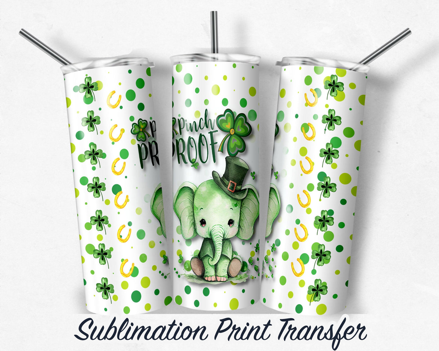 St. Patricks Elephant  Sublimation Transfer Print For 20 oz - 30 oz Skinny Tumbler - Ready To press - Heat Transfers