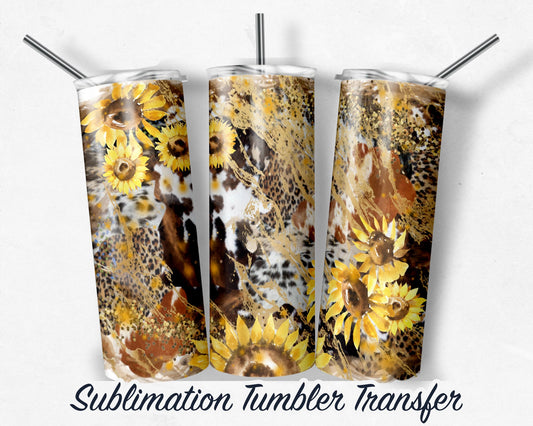 Cow  Leopard Sunflower - Tumbler  Sublimation Transfer - Ready To Press - Heat Transfer - 20 OZ - 30 OZ