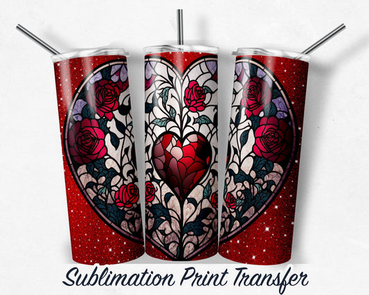 Red Stained Glass Heart  Sublimation Print For 20 oz Skinny Tumbler - 30oz Skinny Tumbler - Ready to Press - Heat Transfers