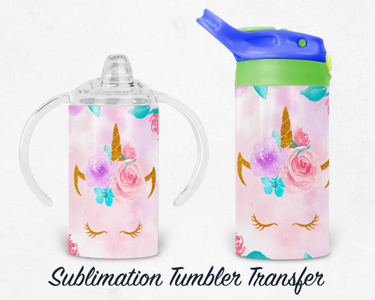 Unicorn Kids 12 oz Sippy Sublimation Tumbler Transfer - Ready To press - Heat Transfers SHIPS NEXT DAY