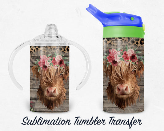 Cow with Flowers Kids 12 oz Sippy Sublimation Tumbler Transfer - Ready To press - Heat Transfers SHIPS NEXT DAY