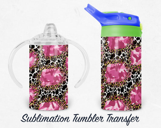 Pink Leopard Camo Kids 12 oz Sippy Sublimation Tumbler Transfer - Ready To press - Heat Transfers SHIPS NEXT DAY