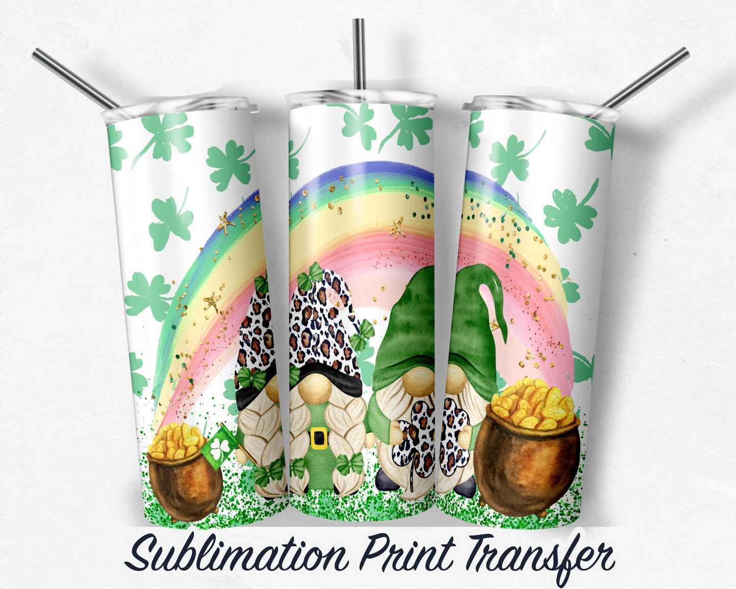 St. Patricks Gnomes  Sublimation Transfer Print For 20 oz - 30 oz Skinny Tumbler - Ready To press - Heat Transfers