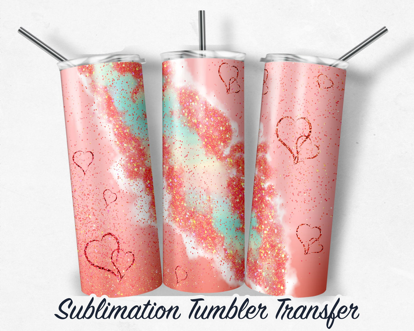 Pink Glitter Hearts -  Sublimation Transfer Print For 20 oz - 30 oz Skinny Tumbler - Ready To press - Heat Transfer