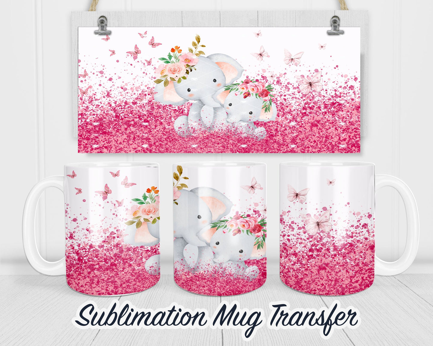 Baby Elephant Pink Glitter - Sublimation Transfer Print For 11 oz - 15 oz Mugs - Ready To press - Heat Transfer