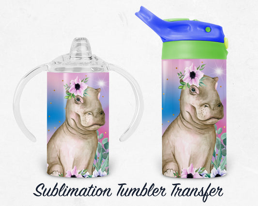 Hippo Kids 12 oz Sippy Sublimation Tumbler Transfer - Ready To press - Heat Transfers SHIPS NEXT DAY