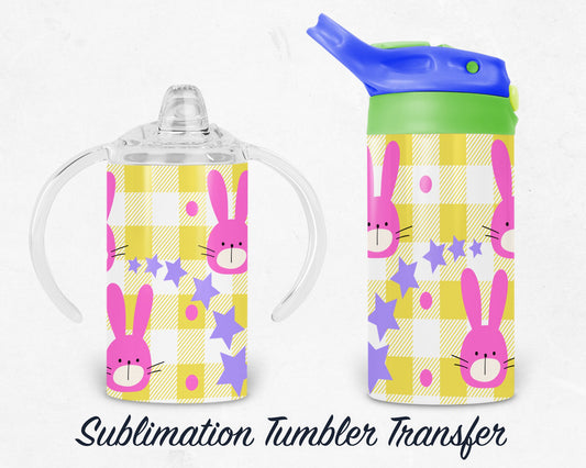 Pink Bunny Easter Bunny  - Kids 12 oz Sippy Sublimation Tumbler Transfer - Ready To press - Heat Transfers SHIPS NEXT DAY