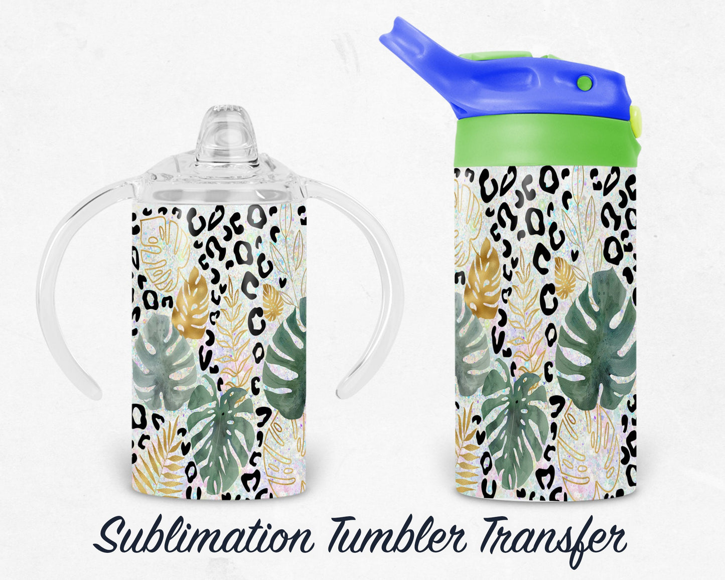 Leopard Island Leaf Kids 12 oz Sippy Sublimation Tumbler Transfer - Ready To press - Heat Transfers SHIPS NEXT DAY