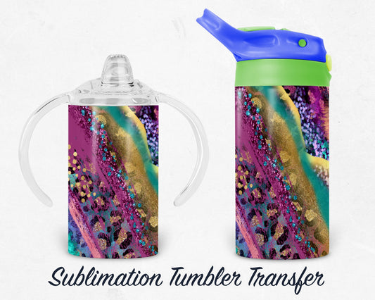 Leopard Rainbow Glitter Kids 12 oz Sippy Sublimation Tumbler Transfer - Ready To press - Heat Transfers SHIPS NEXT DAY