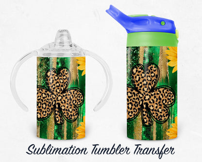 Leopard Sunflower Clover Glitter Kids 12 oz Sippy Sublimation Tumbler Transfer - Ready To press - Heat Transfers SHIPS NEXT DAY