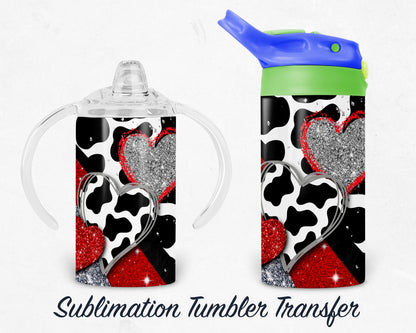 Cow Print Glitter Hearts Kids 12 oz Sippy Sublimation Tumbler Transfer - Ready To press - Heat Transfers SHIPS NEXT DAY