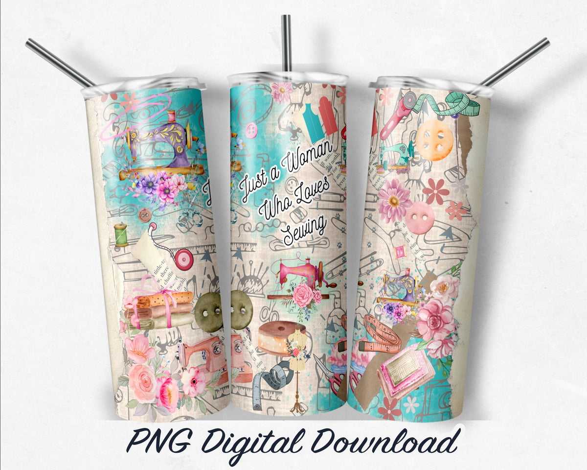 Vintage Woman who loves Sewing 20oz Sublimation Tumbler Design - PNG Digital Download