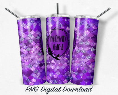 Purple Mermaid MAMA 20oz Sublimation Tumbler Design - PNG Digital Download