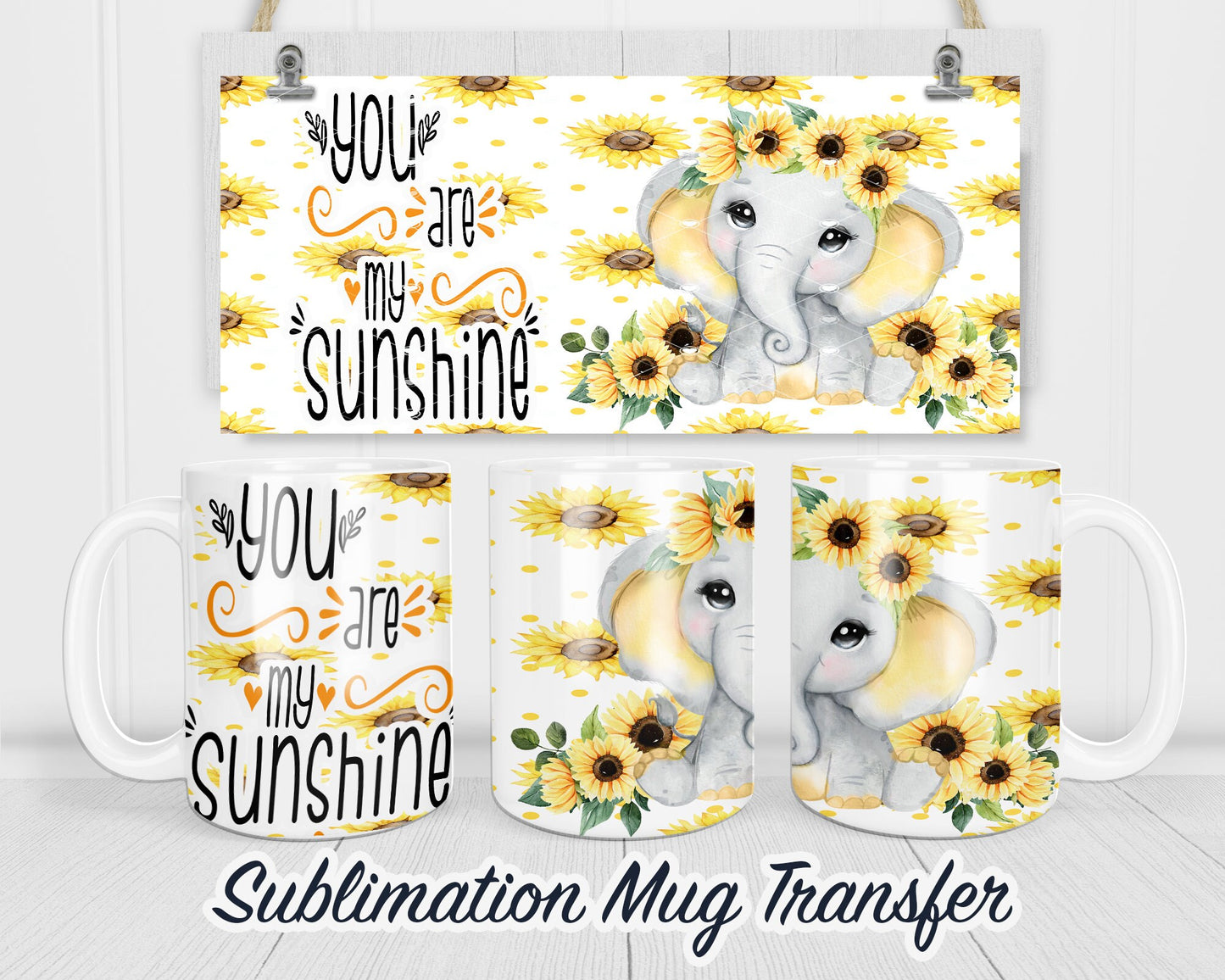 Baby Elephant and Sunflowers - Sublimation Transfer Print For 11 oz - 15 oz Mugs - Ready To press - Heat Transfer