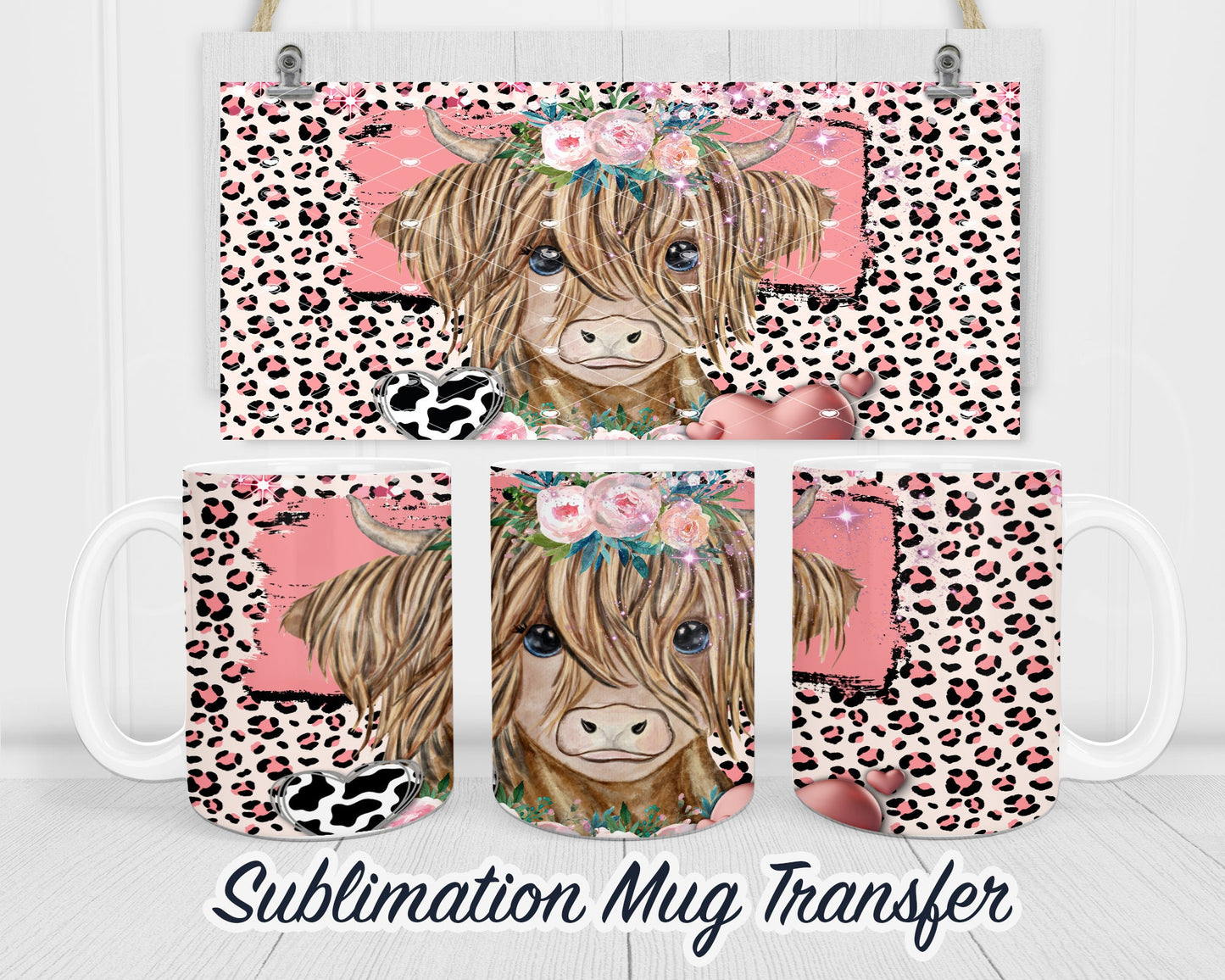 Pink Leopard Print Highland Cow - Sublimation Transfer Print For 11 oz - 15 oz Mugs - Ready To press - Heat Transfer