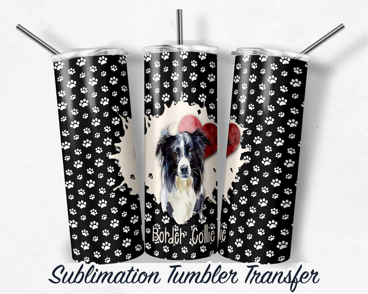 Border Collie  Sublimation Transfer Print For 20 oz Tumblers - 30 oz Tumblers - Ready To press - Heat Transfers