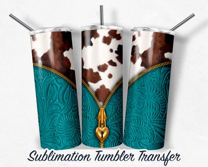 Cowhide and Turquoise  Sublimation Transfer Print For 20 oz Tumblers - 30 oz Tumblers - Ready To press - Heat Transfers