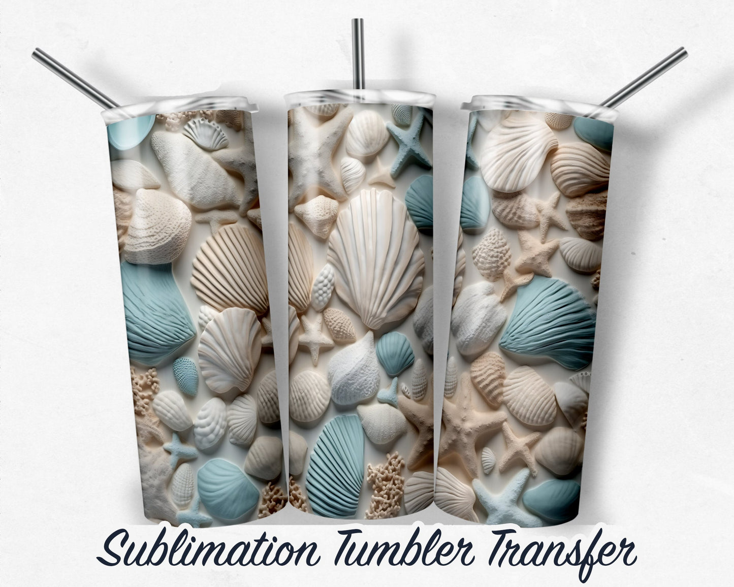 3D Seashells  Sublimation Transfer Print 20 oz - 30 oz Skinny Tumbler - Ready to Press - Heat Transfers