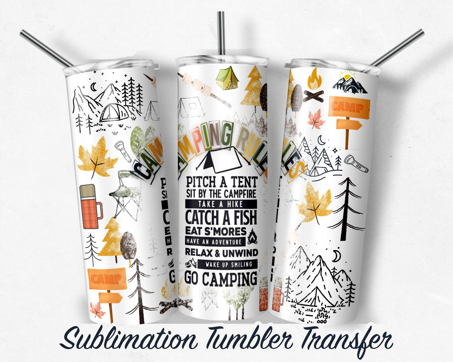 Camping  Sublimation Transfer Print For 20 oz Tumbler - 30 oz Skinny Tumbler - Ready To press - Heat Transfers