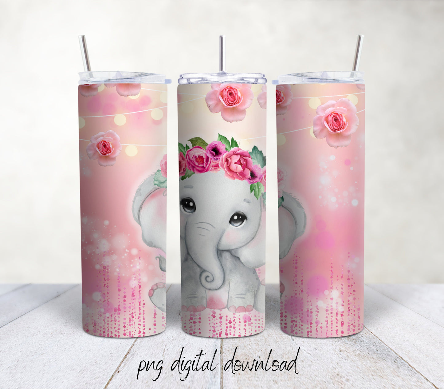Elephant With Roses- 20oz Sublimation Tumbler Design - PNG Digital Download