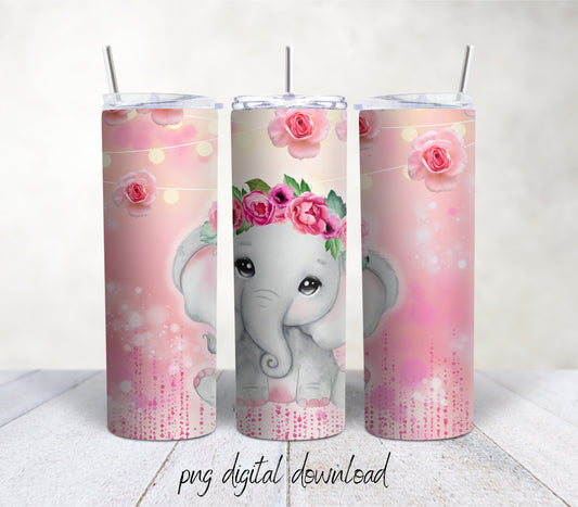 Elephant With Roses- 20oz Sublimation Tumbler Design - PNG Digital Download