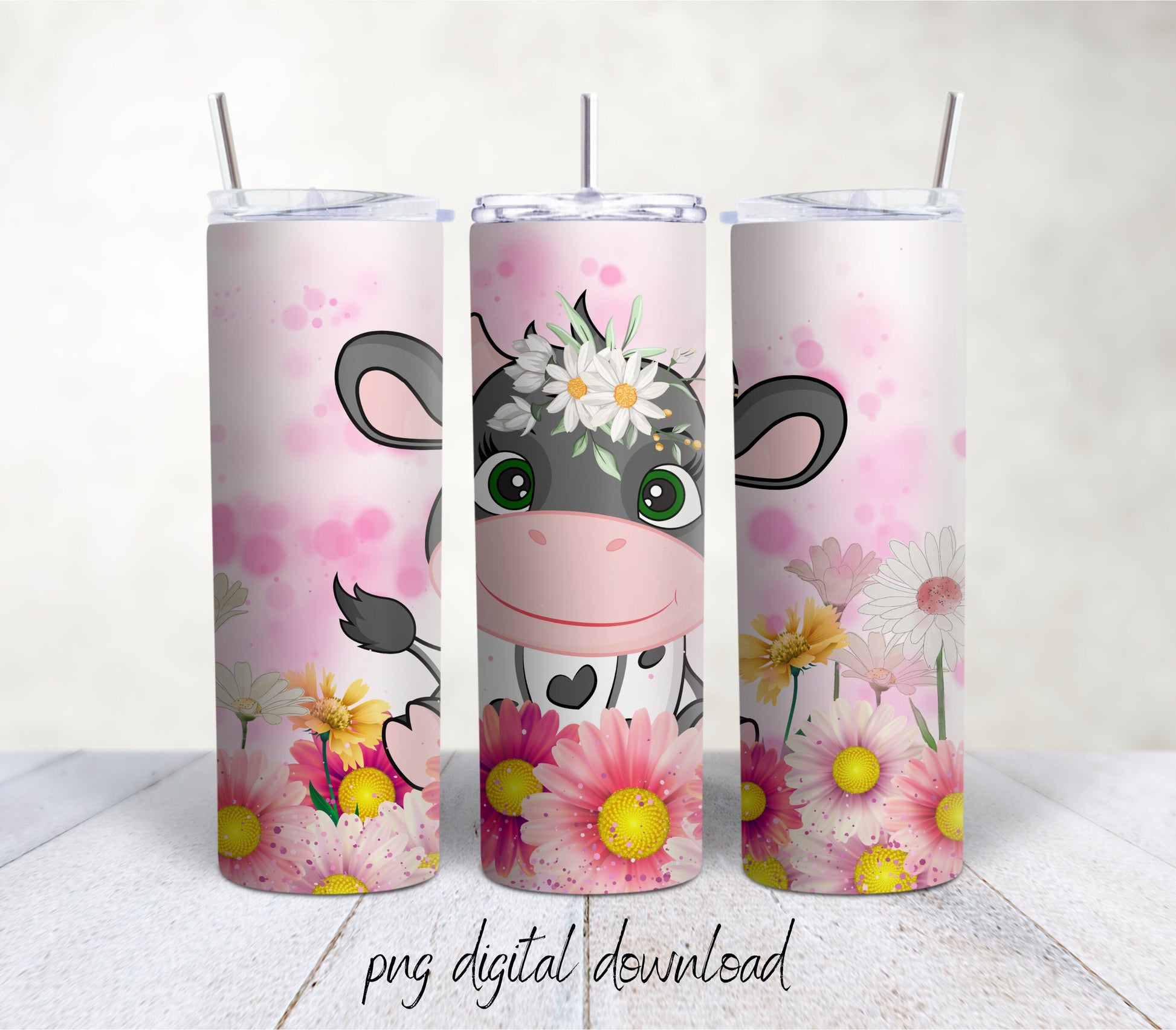 Baby Cow With Flowers - 20oz Sublimation Tumbler Design - PNG Digital Download