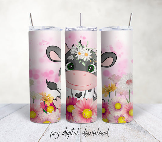 Baby Cow With Flowers - 20oz Sublimation Tumbler Design - PNG Digital Download