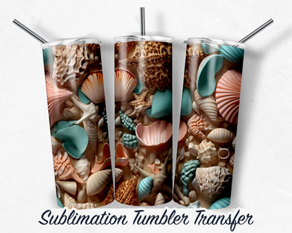 3D Sea Shells  Sublimation Transfer Print For 20 oz - 30 oz Skinny Tumbler - Ready To press - Heat Transfers