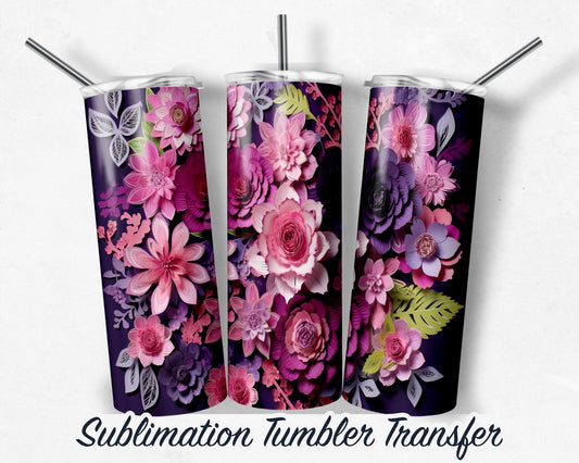 3D Flower  Sublimation Transfer Print For 20 oz - 30 oz Skinny Tumbler - Ready To press - Heat Transfers