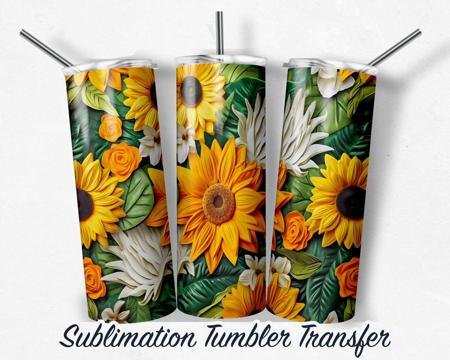 3D Sunflower  Sublimation Transfer Print For 20 oz - 30 oz Skinny Tumbler - Ready To press - Heat Transfers